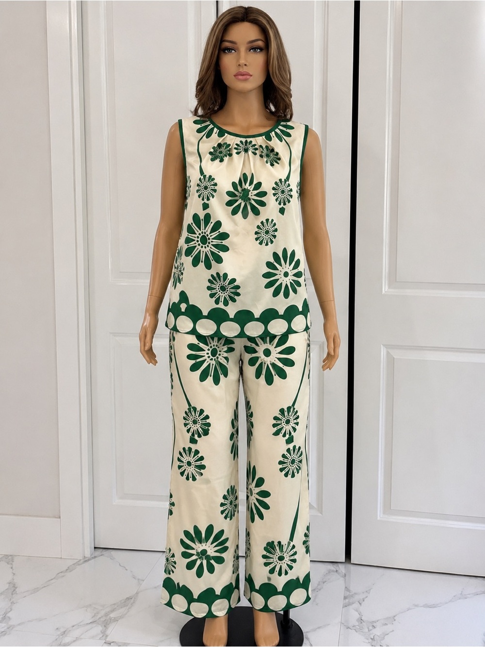 Cream & Green Floral Wide-Leg Jumpsuit Set
